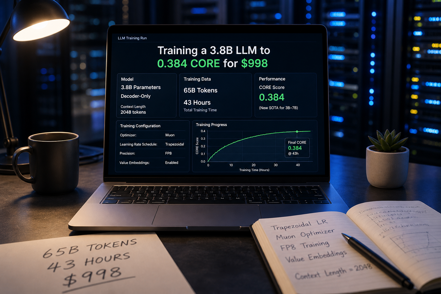 Training a 3.8B LLM to 0.384 CORE for $998