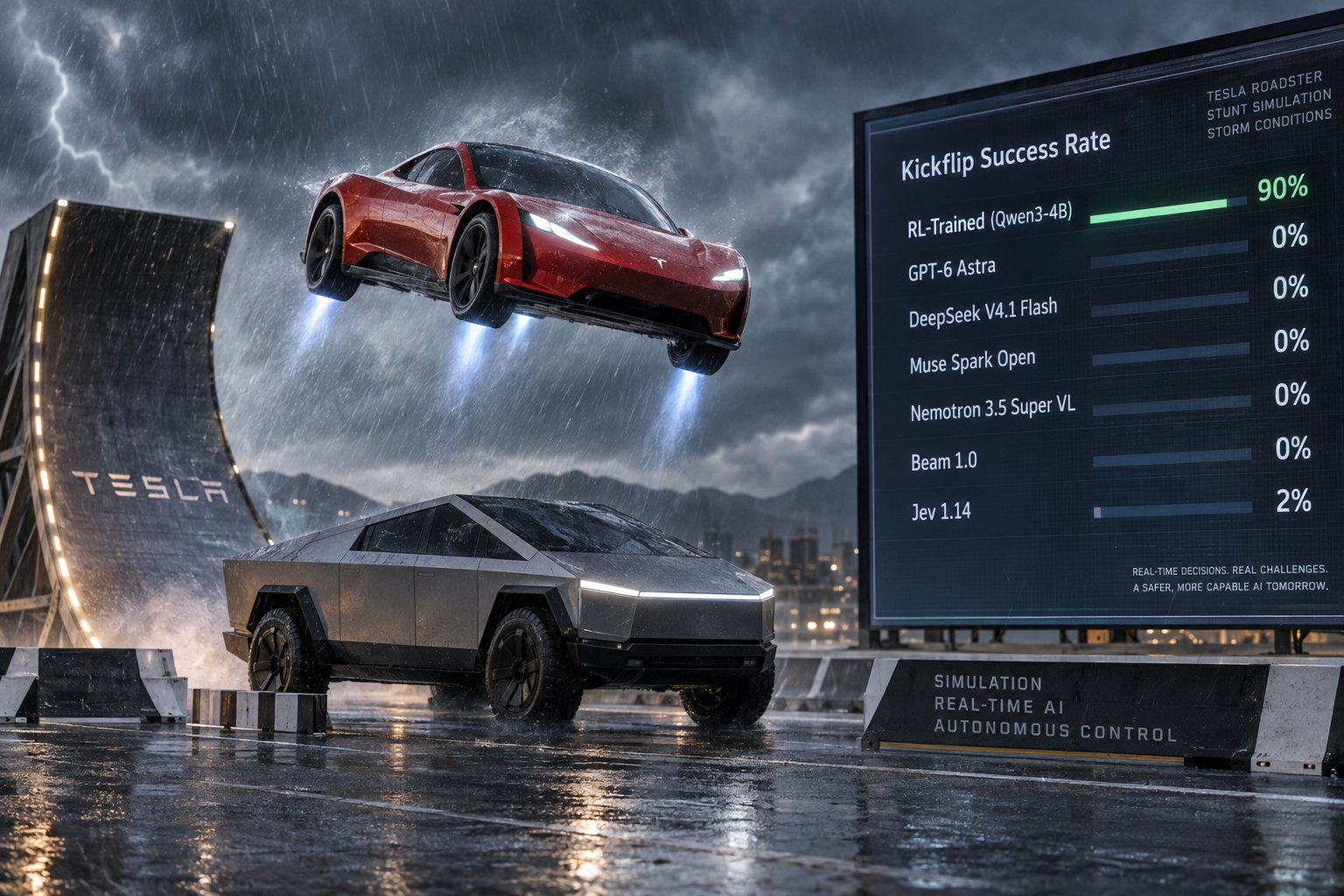 Small RL-Trained Model Outflies GPT-6 Astra in Simulated Tesla Roadster Stunts